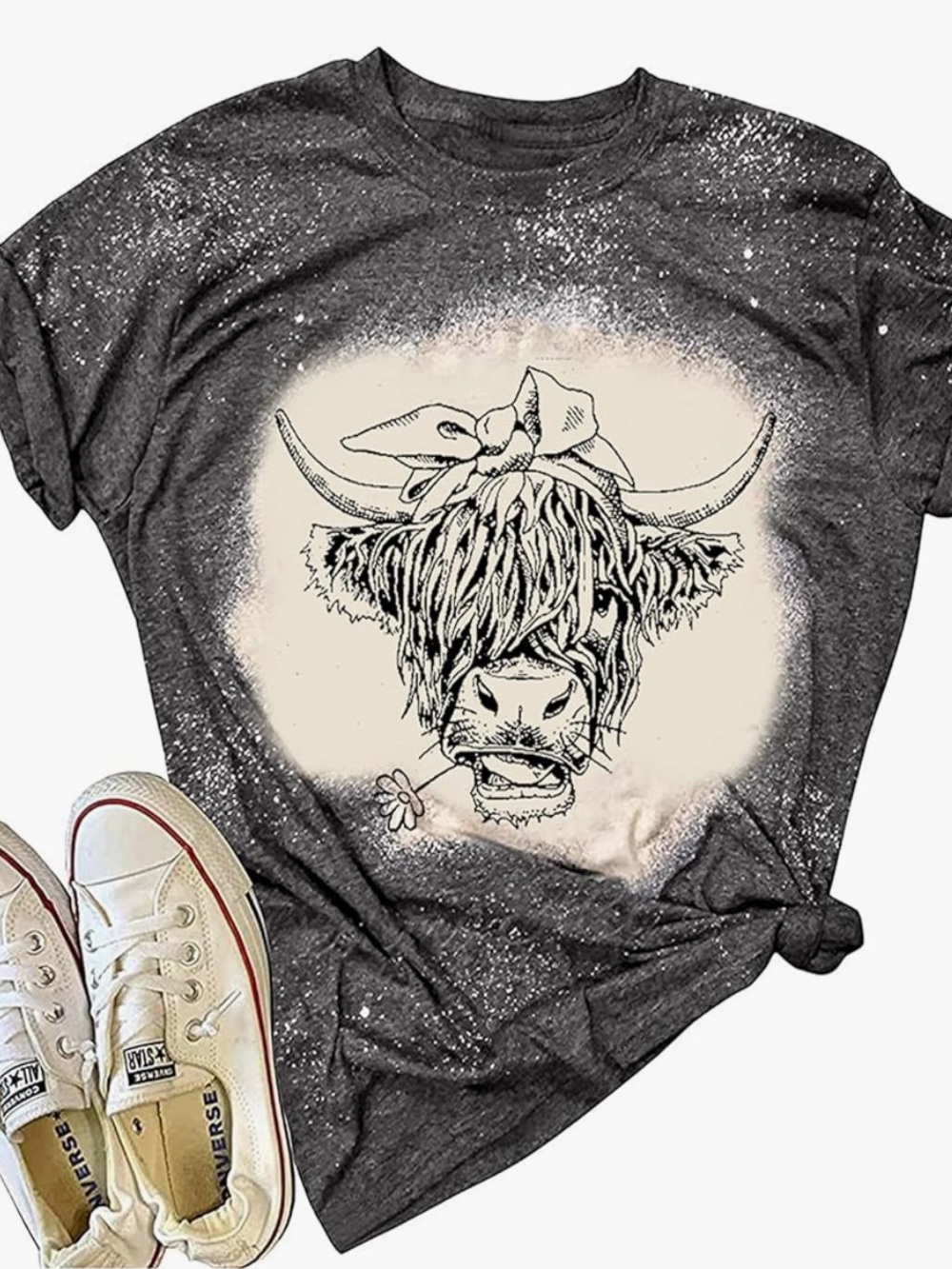 Chic Nation Charcoal Graphic Cow Tee with Cream Accent